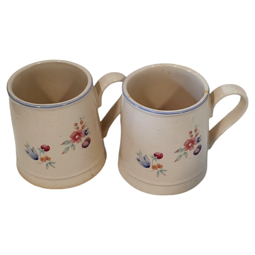 Vintage International Stoneware Mugs Floral Pattern Ivory & Blue Rim 12 oz Set